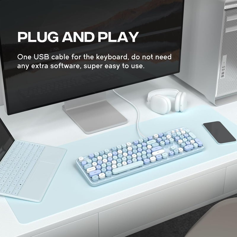 Atelus USB Wired Computer Keyboard - Retro Typewriter Keyboard - Full Size Office Keyboard with Number Pad, Caps Indicators, Foldable Stands, for PC Laptop Desktop Windows (Blue Colorful) - Image 3